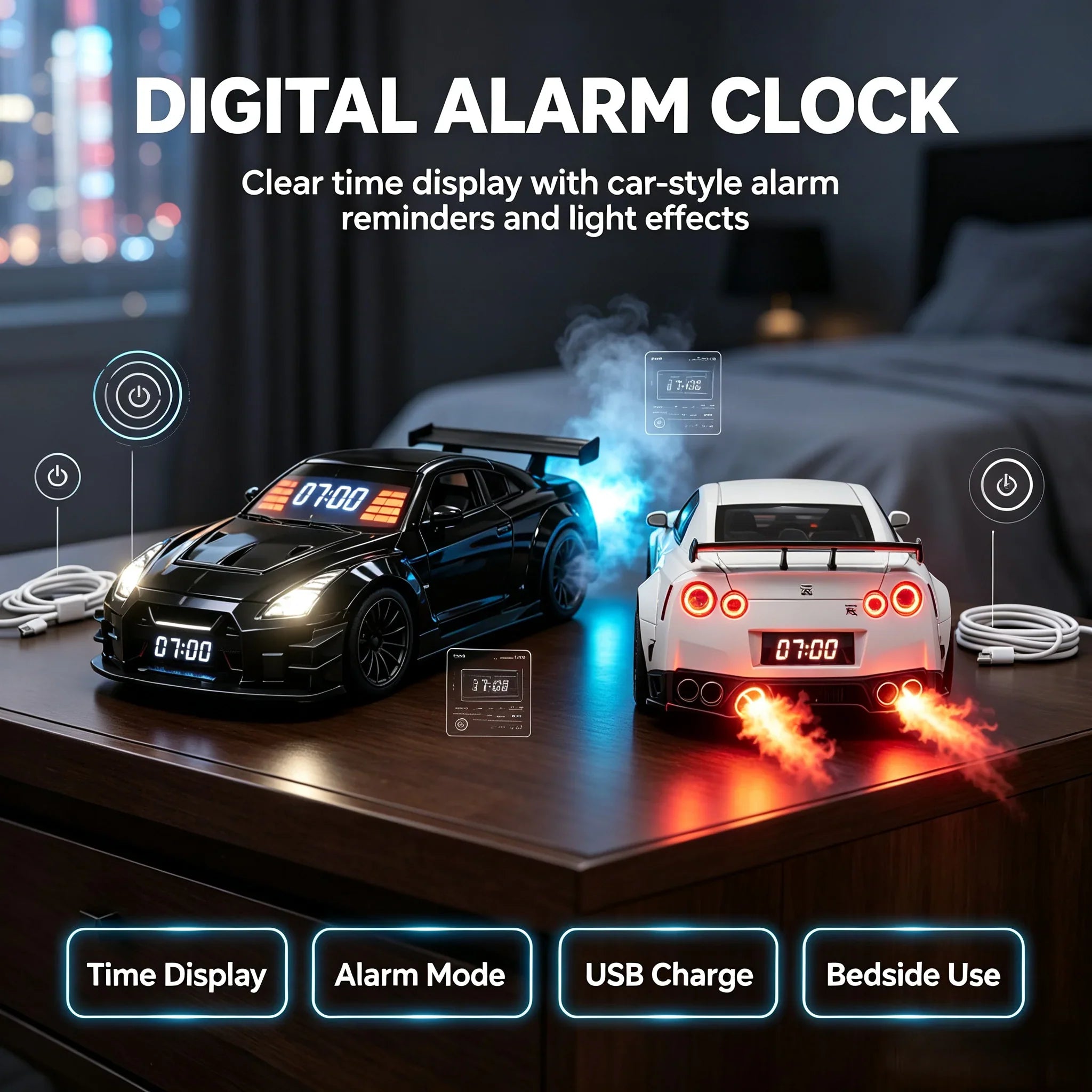 GTR Hypercar Alarm Clock with Flame, Smoke and LED Light Effects