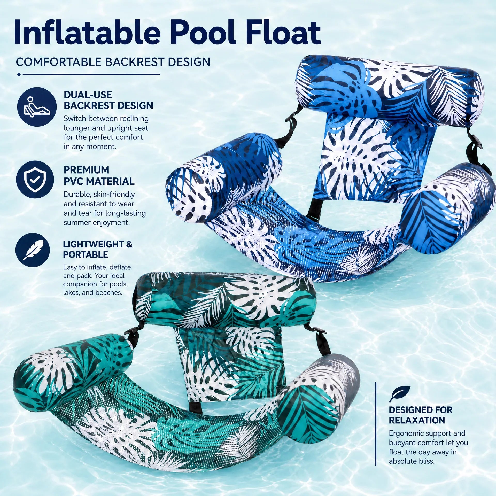 Inflatable Floating Pool Chair with Supportive Lounge Seat