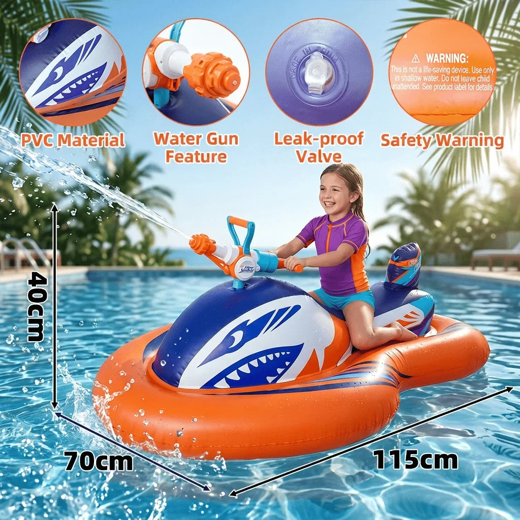 Shark Jet-Ski Pool Float with Seat and Built-In Water Blaster