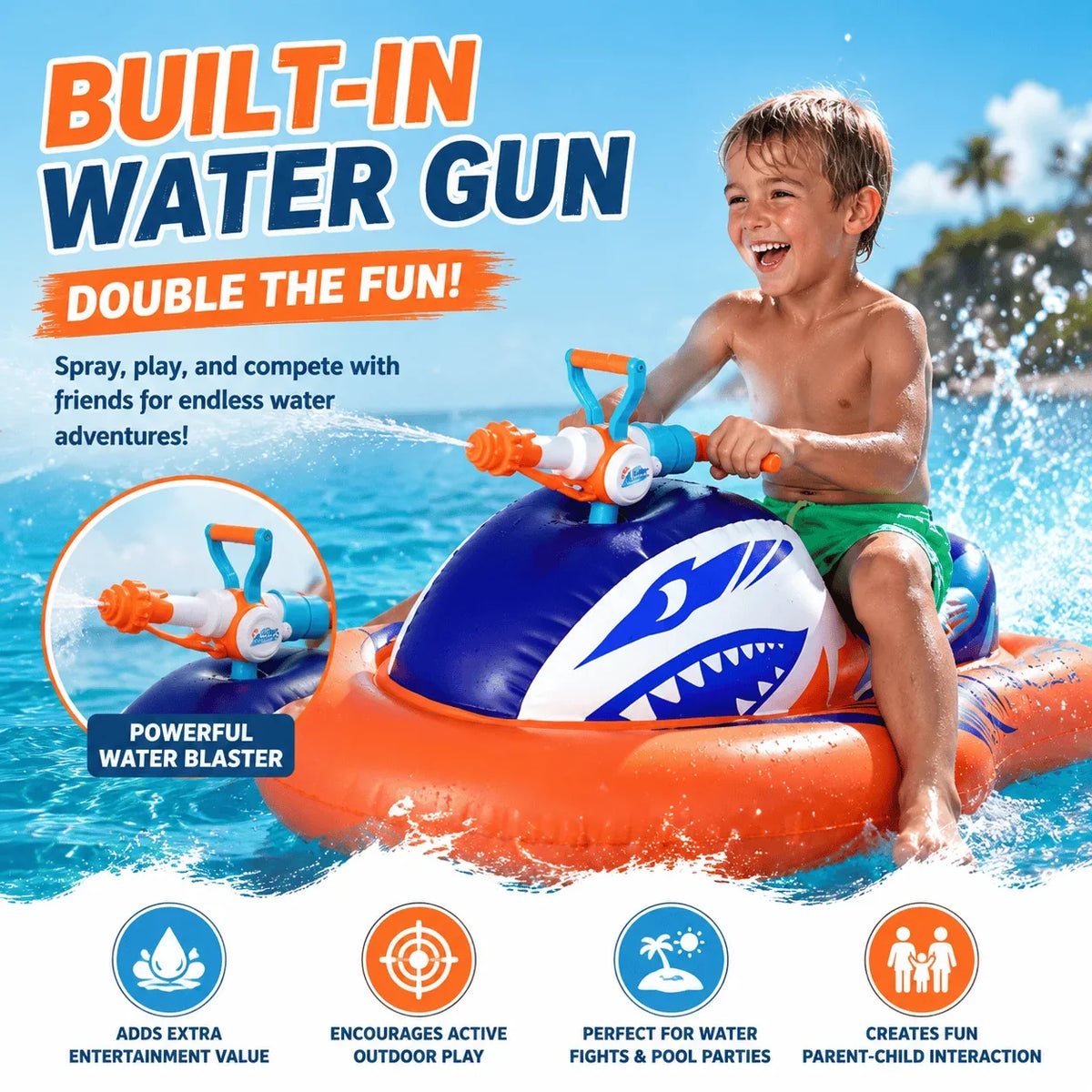Shark Jet-Ski Pool Float with Seat and Built-In Water Blaster