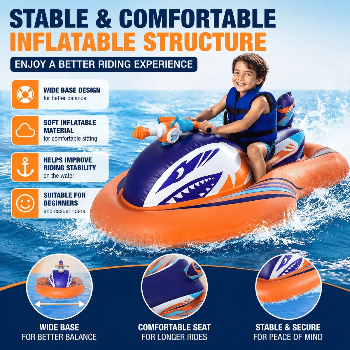 Shark Jet-Ski Pool Float with Seat and Built-In Water Blaster