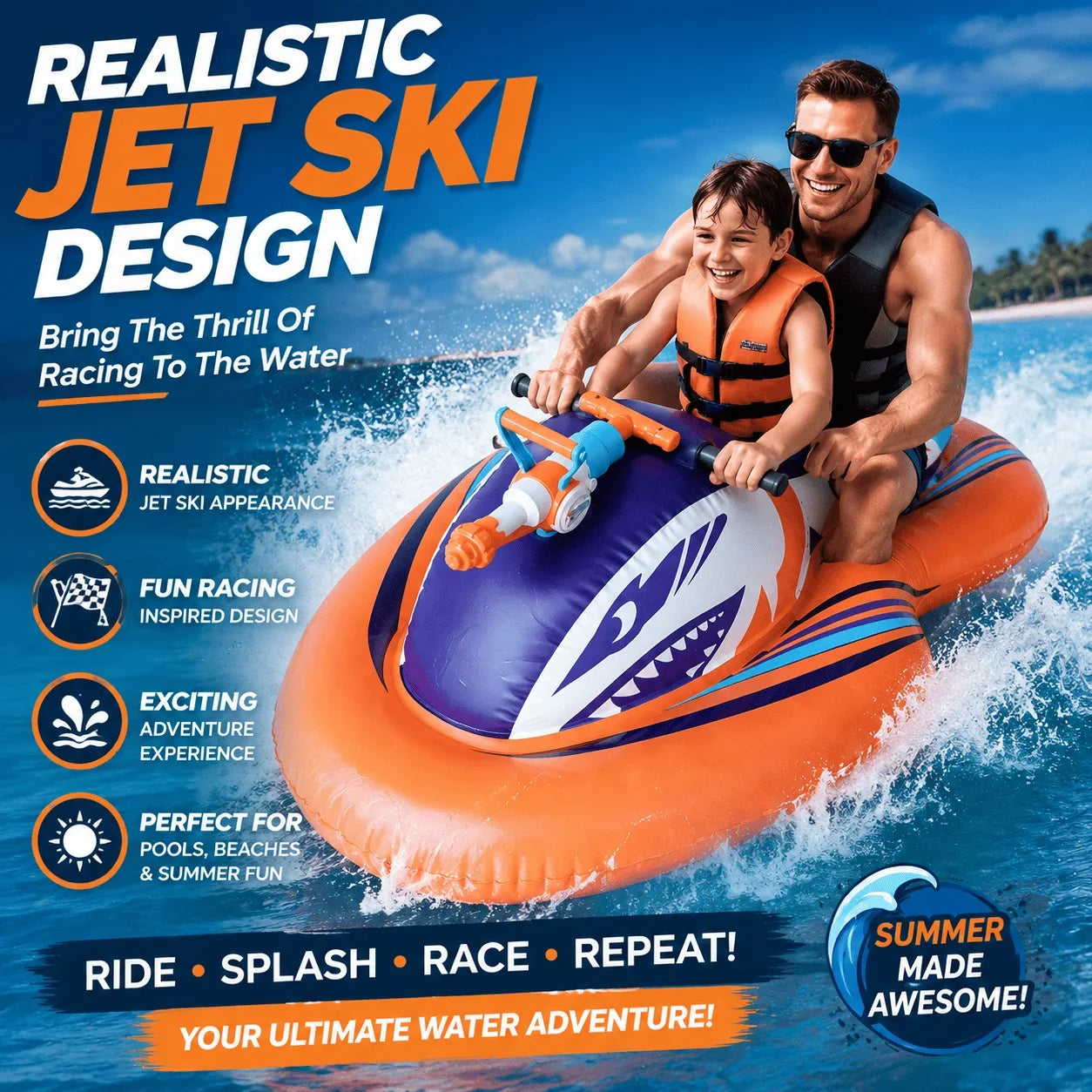 Shark Jet-Ski Pool Float with Seat and Built-In Water Blaster