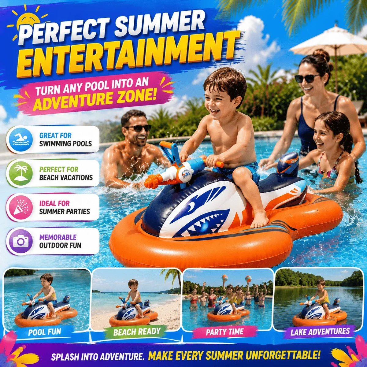 Shark Jet-Ski Pool Float with Seat and Built-In Water Blaster