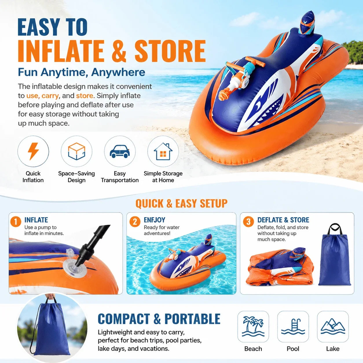Shark Jet-Ski Pool Float with Seat and Built-In Water Blaster