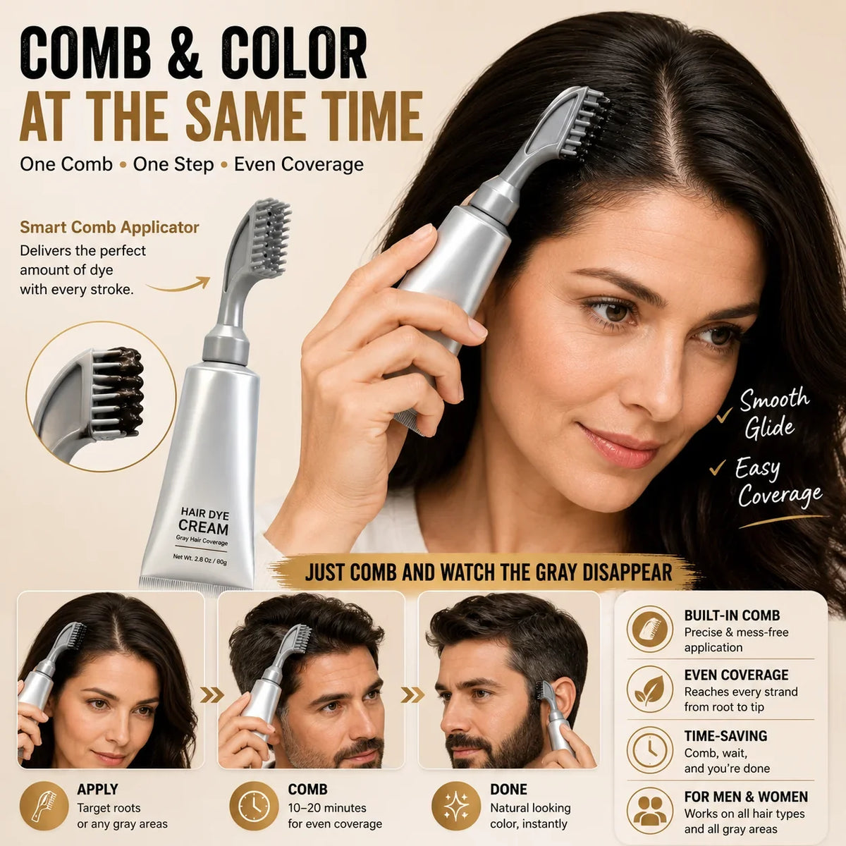 Comb-On Hair Color Applicator for Quick Gray Root Coverage