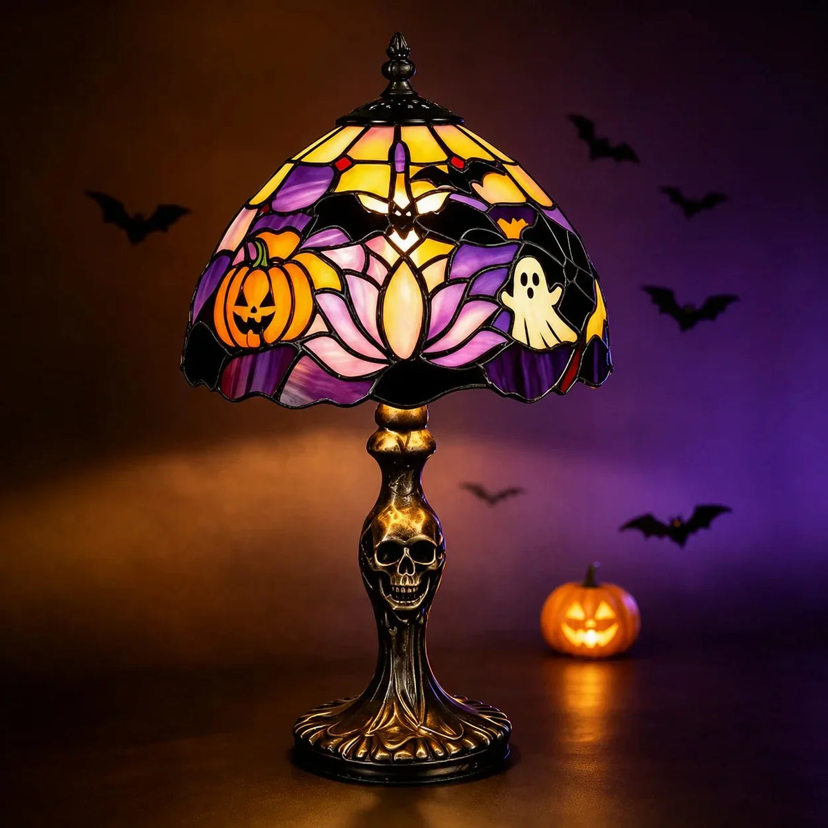 Decorative Spooky Glow Tiffany Lamp Pumpkin Ghost Bat Desk