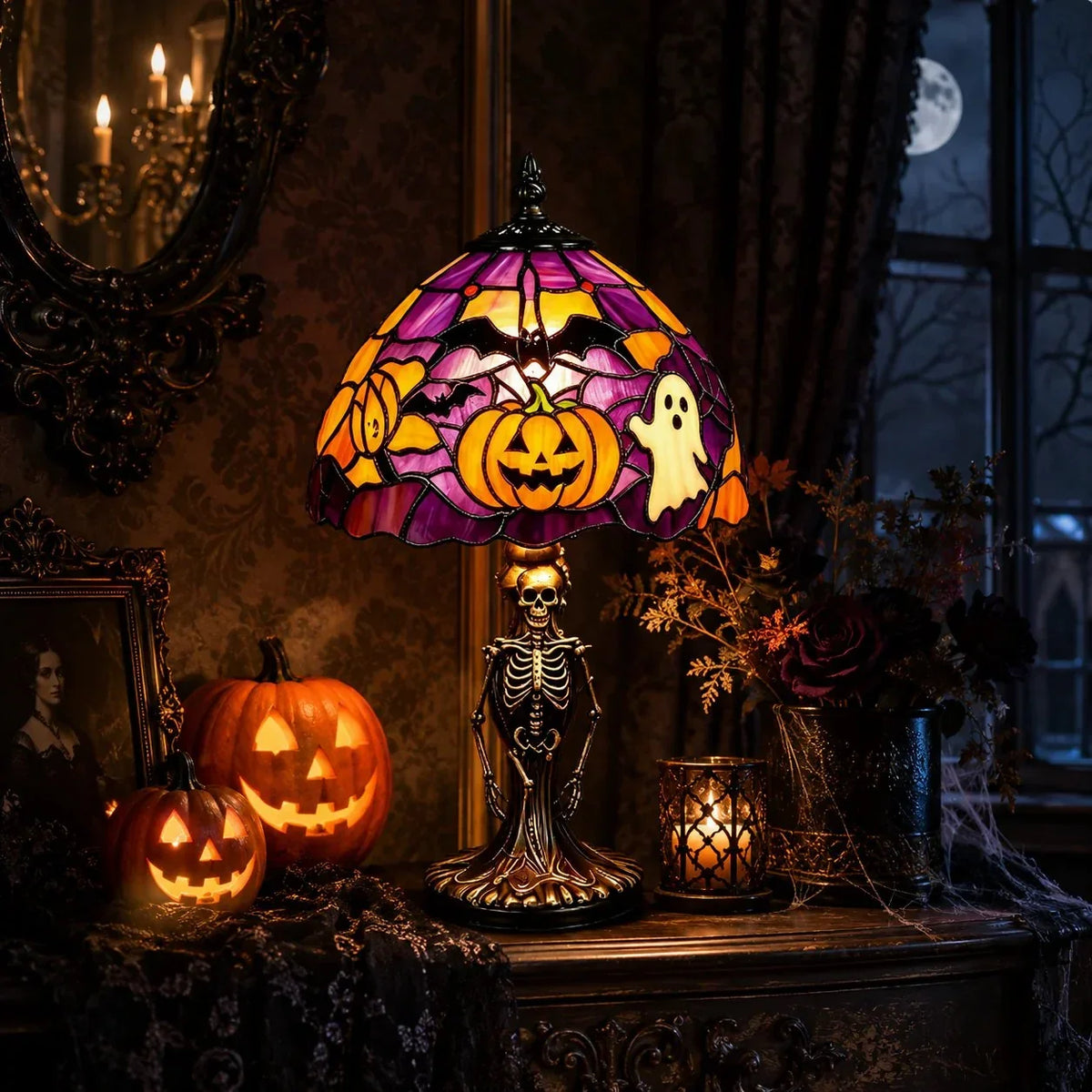 Decorative Spooky Glow Tiffany Lamp Pumpkin Ghost Bat Desk