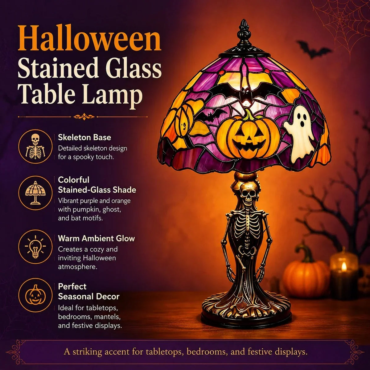 Decorative Spooky Glow Tiffany Lamp Pumpkin Ghost Bat Desk