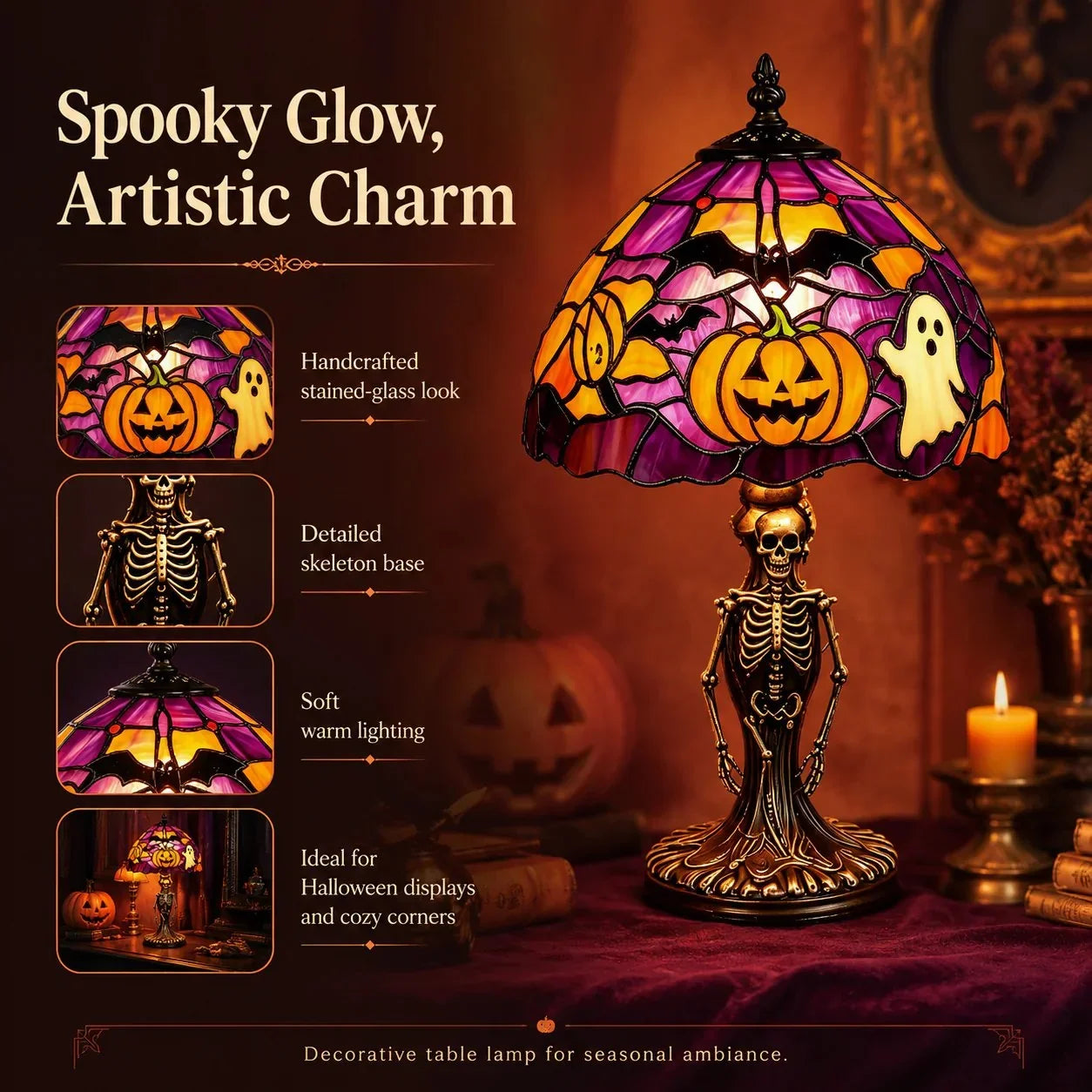 Decorative Spooky Glow Tiffany Lamp Pumpkin Ghost Bat Desk