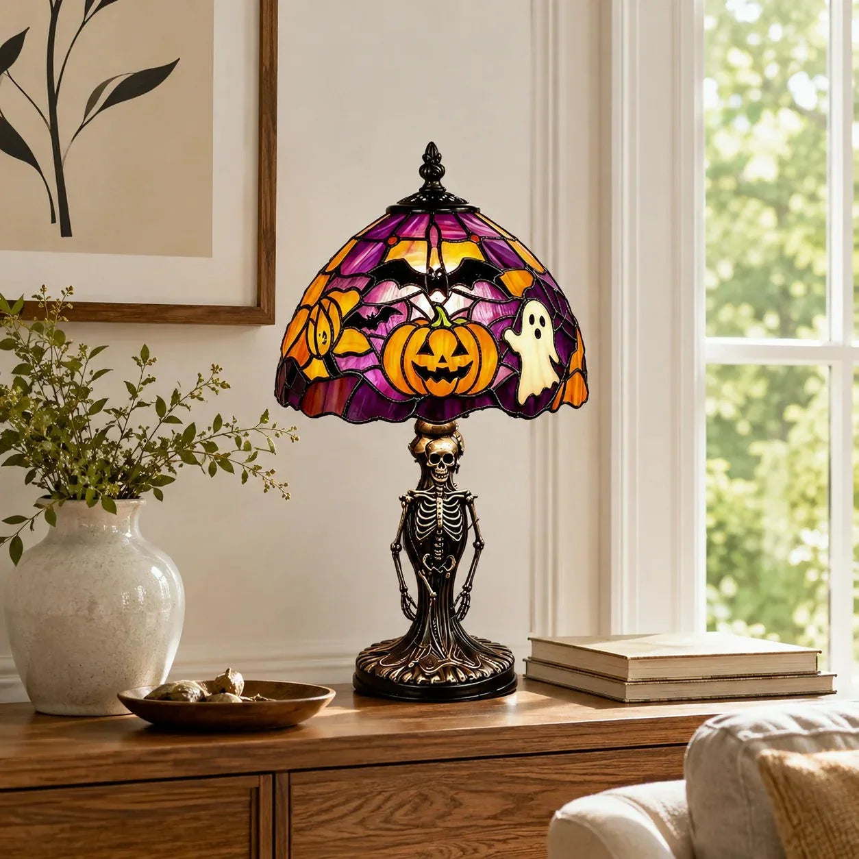Decorative Spooky Glow Tiffany Lamp Pumpkin Ghost Bat Desk