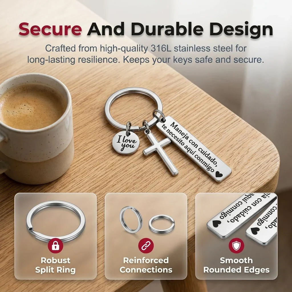 Stainless Steel Drive Safely Keychain with Cross & Spanish Love Charm