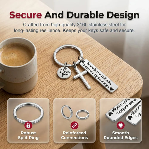 Stainless Steel Drive Safely Keychain with Cross & Spanish Love Charm