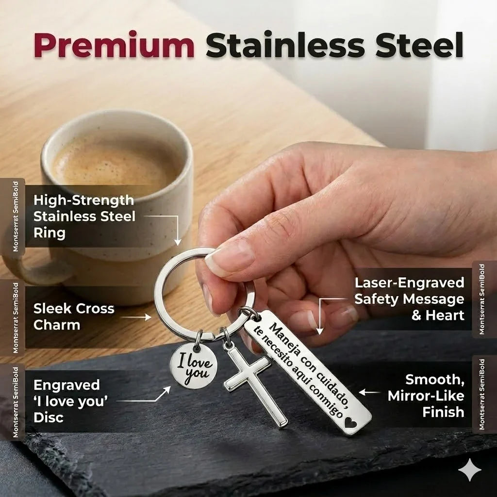 Stainless Steel Drive Safely Keychain with Cross & Spanish Love Charm