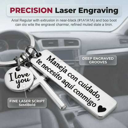 Stainless Steel Drive Safely Keychain with Cross & Spanish Love Charm