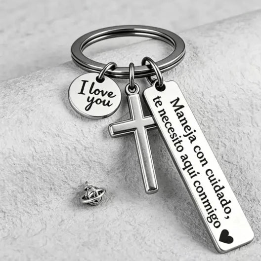 Stainless Steel Drive Safely Keychain with Cross & Spanish Love Charm