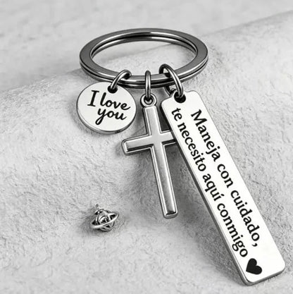 Stainless Steel Drive Safely Keychain with Cross & Spanish Love Charm