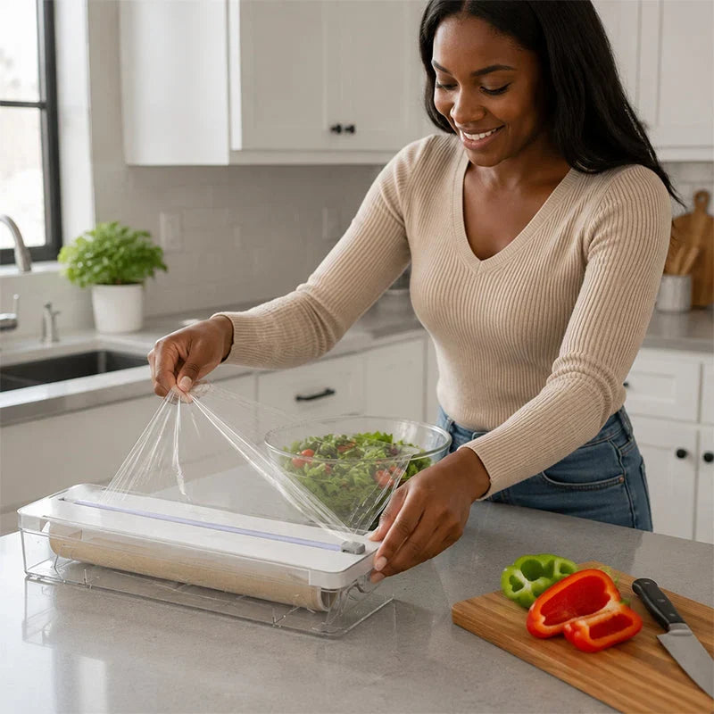 Wall-Mount Dispenser and Cutter for Foil and Kitchen Wrap
