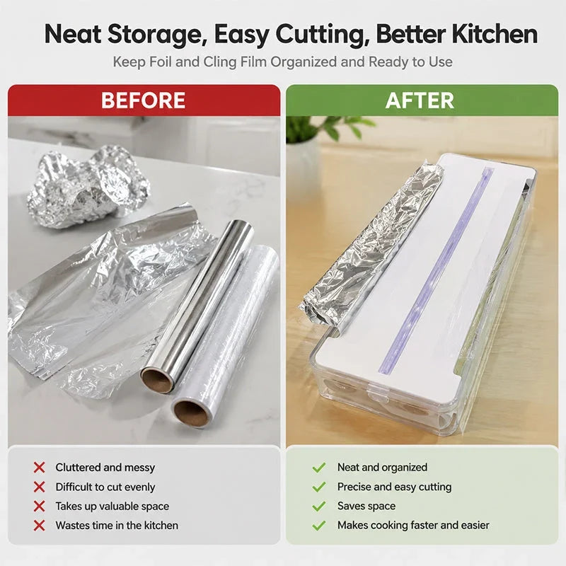 Wall-Mount Dispenser and Cutter for Foil and Kitchen Wrap