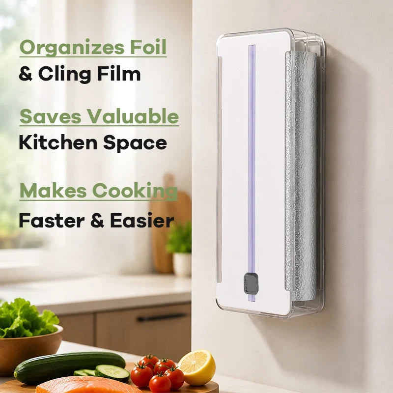 Wall-Mount Dispenser and Cutter for Foil and Kitchen Wrap