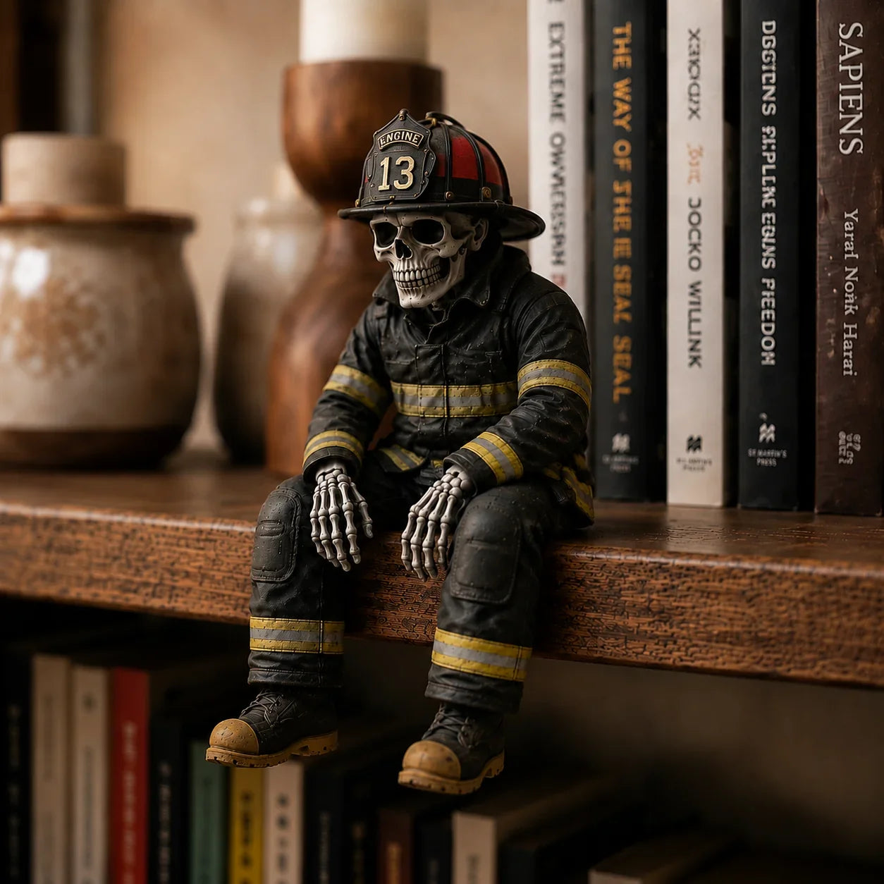 Purpose-Built Firefighter Skeleton Shelf Sitter for Everyday Use