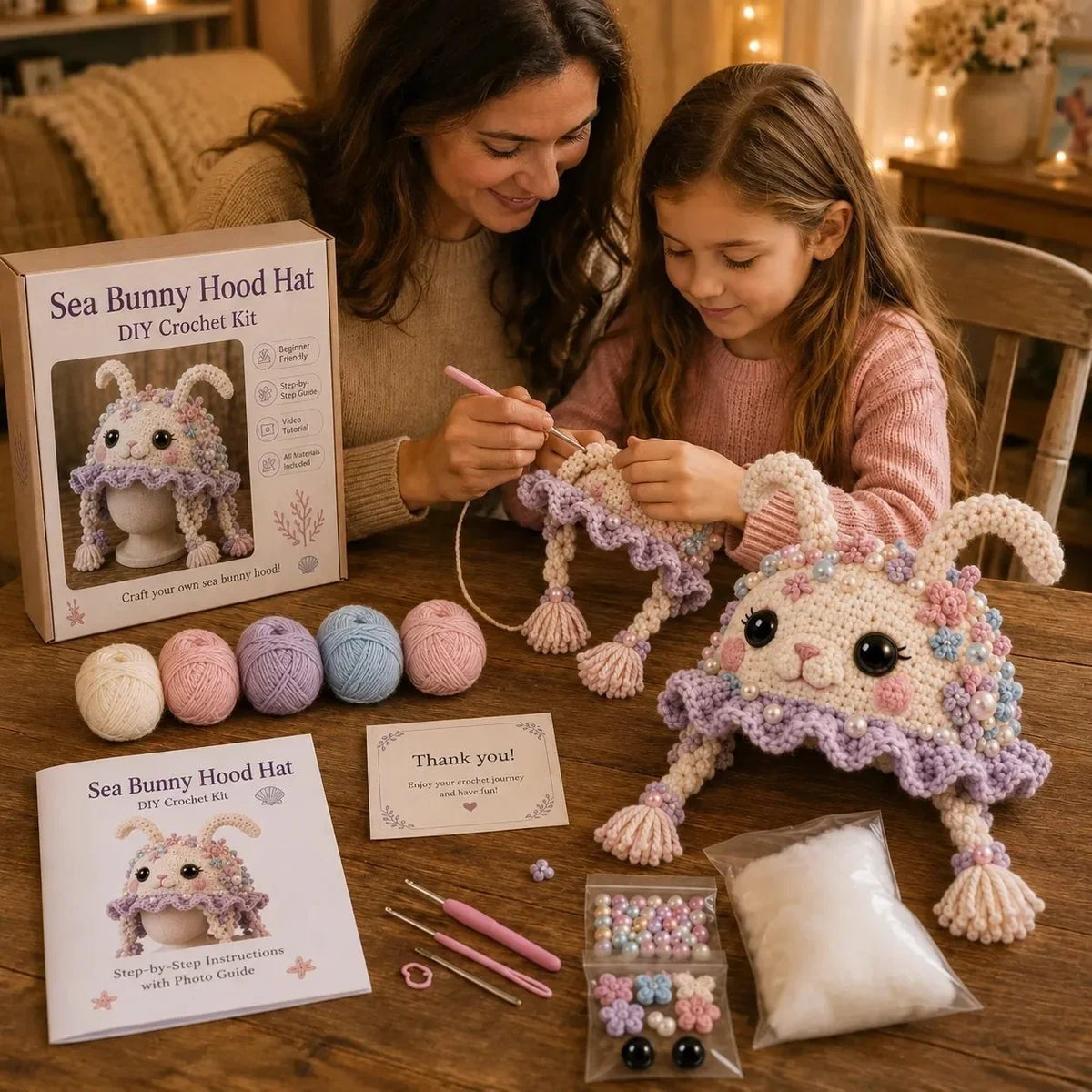Hands-On Ocean Series Hood Hat DIY Crochet Kit – Soft Yarn Materials