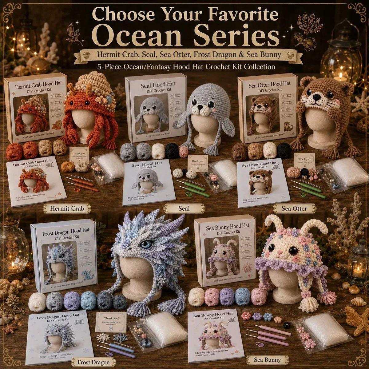 Hands-On Ocean Series Hood Hat DIY Crochet Kit – Soft Yarn Materials