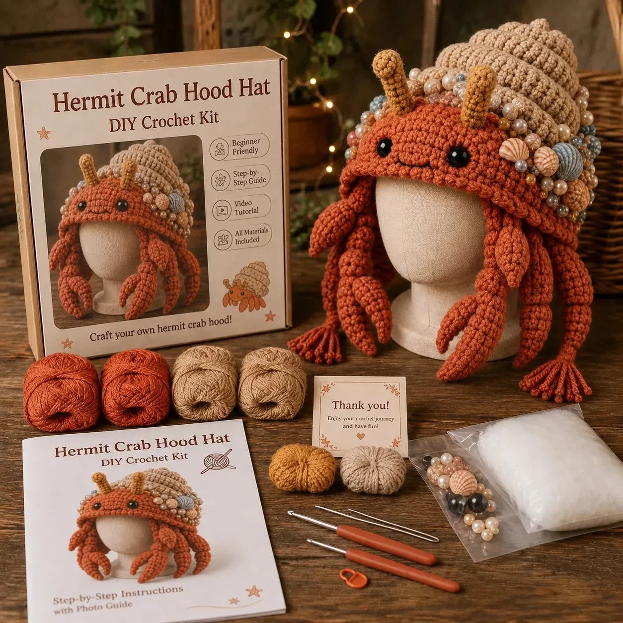 Hands-On Ocean Series Hood Hat DIY Crochet Kit – Soft Yarn Materials