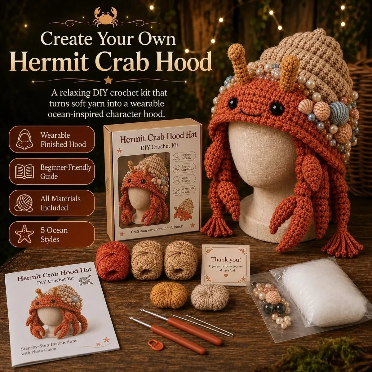 Hands-On Ocean Series Hood Hat DIY Crochet Kit – Soft Yarn Materials