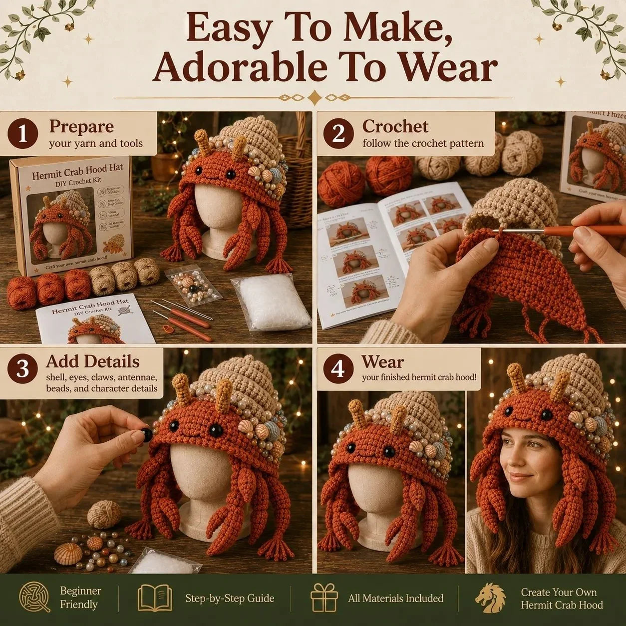 Hands-On Ocean Series Hood Hat DIY Crochet Kit – Soft Yarn Materials