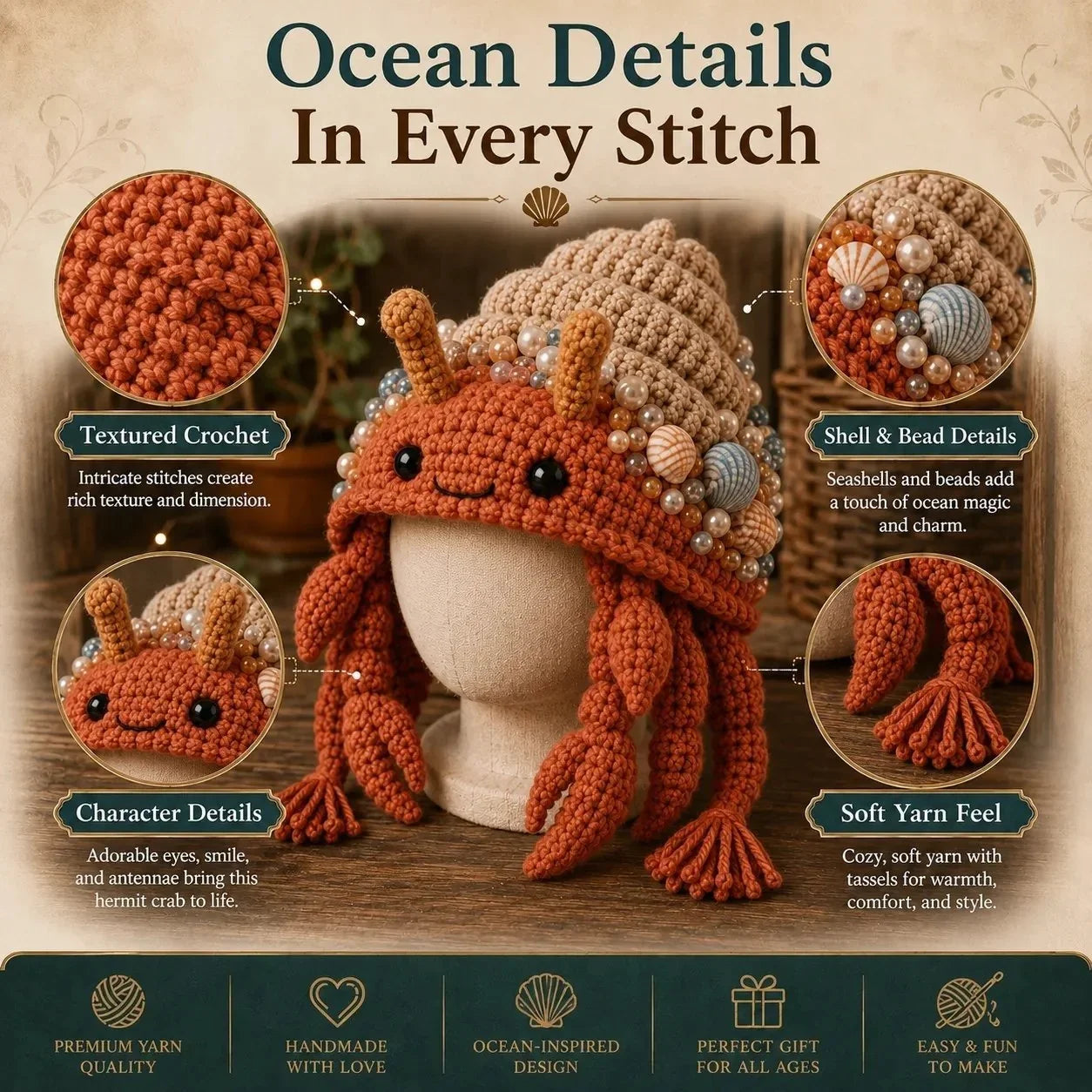 Hands-On Ocean Series Hood Hat DIY Crochet Kit – Soft Yarn Materials
