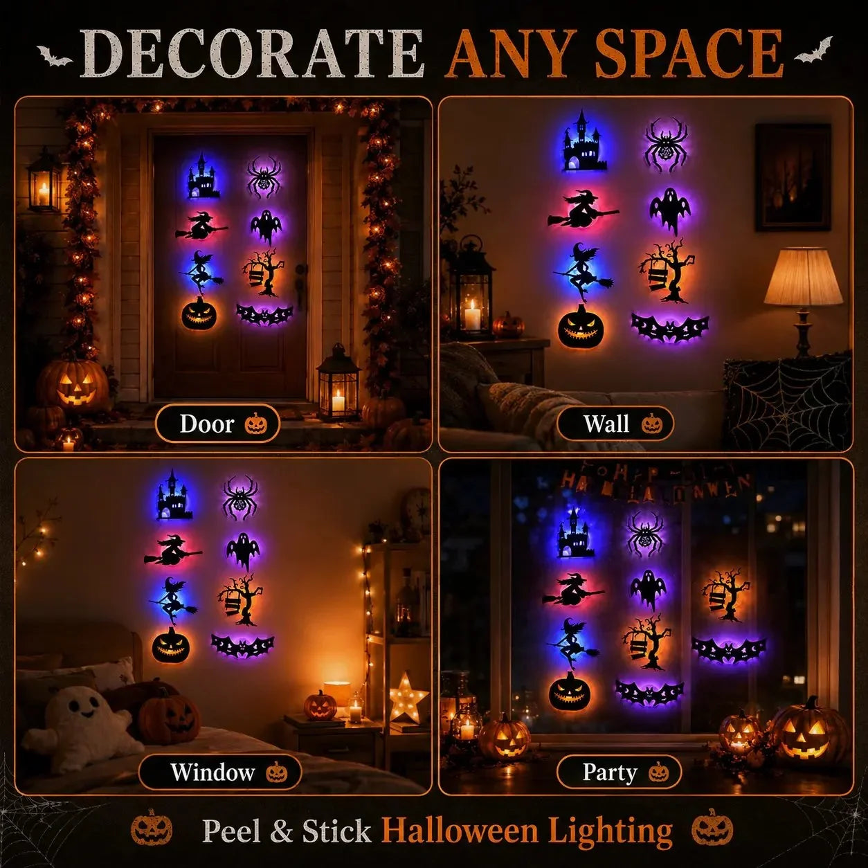 Decorative 8 Pack LED Silhouette Wall Light Stickers, Battery Powered