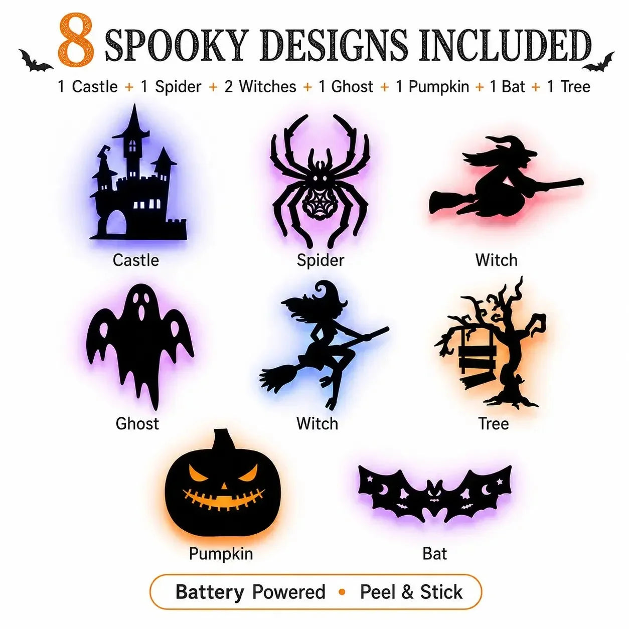 Decorative 8 Pack LED Silhouette Wall Light Stickers, Battery Powered