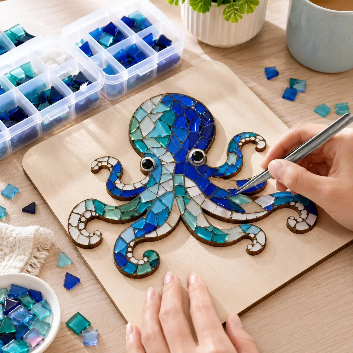 Beginner Octopus Mosaic Kit with Glass Pieces and Step-by-Step Guide