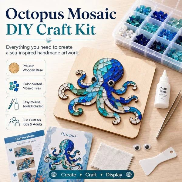 Beginner Octopus Mosaic Kit with Glass Pieces and Step-by-Step Guide