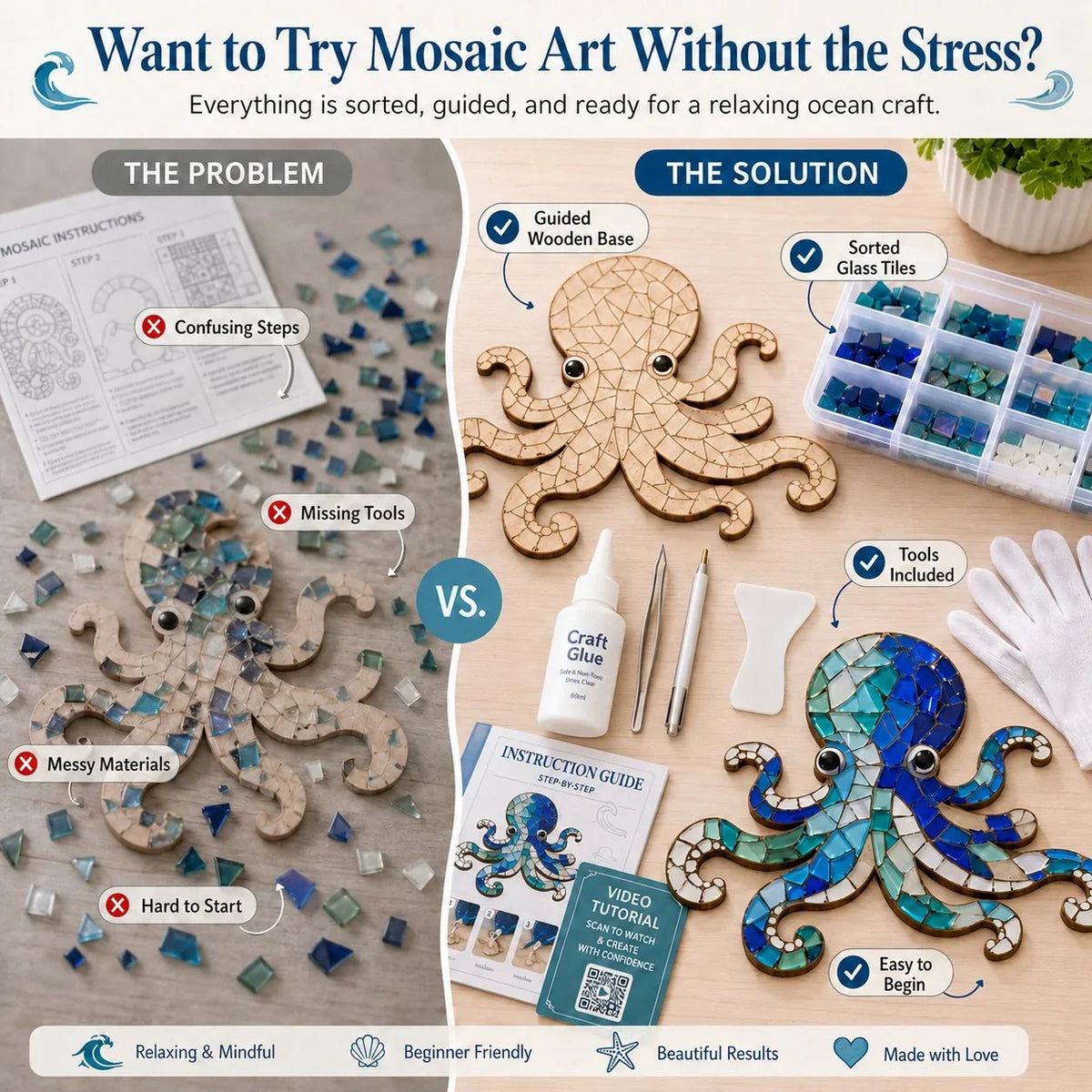 Beginner Octopus Mosaic Kit with Glass Pieces and Step-by-Step Guide