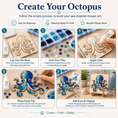 Beginner Octopus Mosaic Kit with Glass Pieces and Step-by-Step Guide