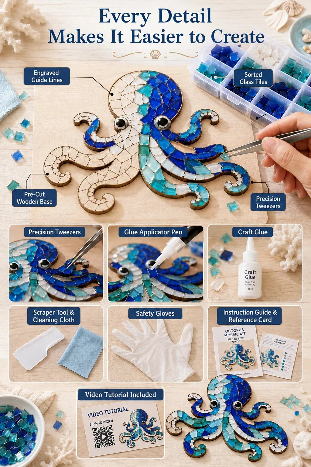 Beginner Octopus Mosaic Kit with Glass Pieces and Step-by-Step Guide