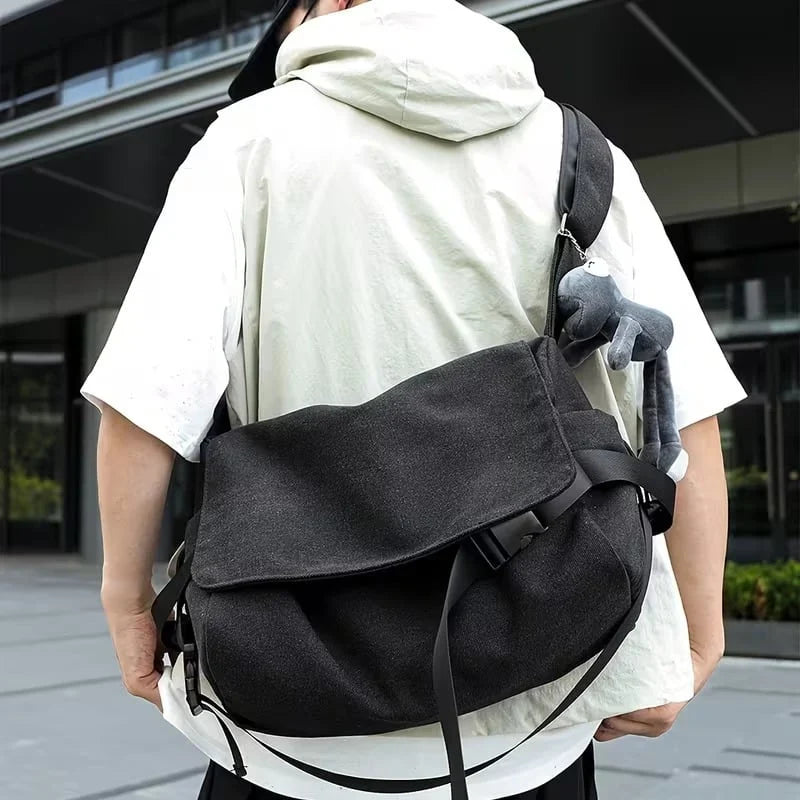 Men's Plain Canvas Crossbody Bag with Embroidered Frog Detail