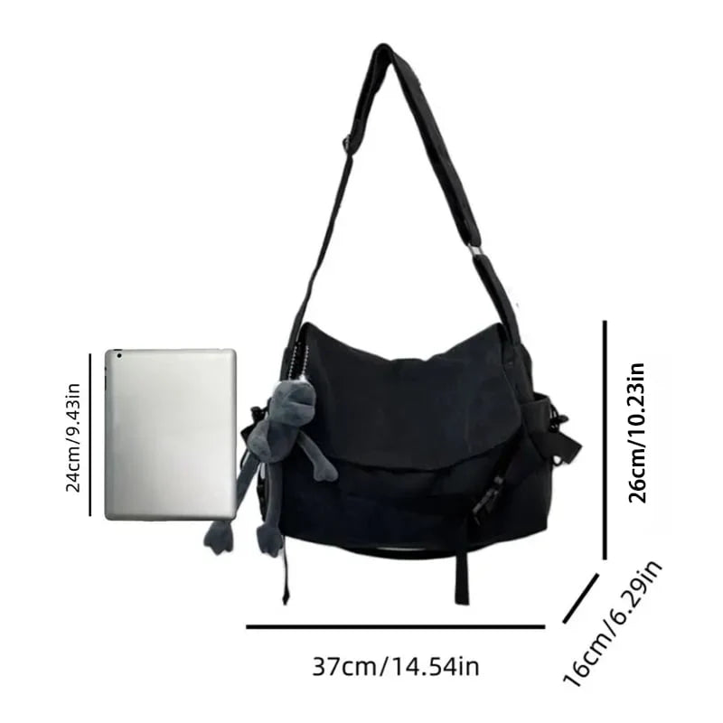 Men's Plain Canvas Crossbody Bag with Embroidered Frog Detail