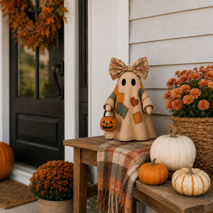 Vintage Patchwork Ghost Decor with Lighted LED Pumpkin Lantern