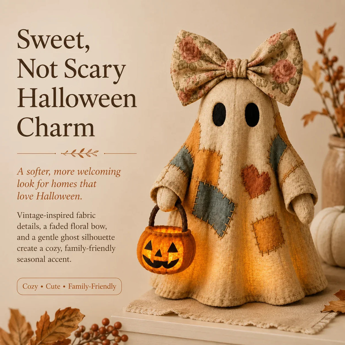 Vintage Patchwork Ghost Decor with Lighted LED Pumpkin Lantern