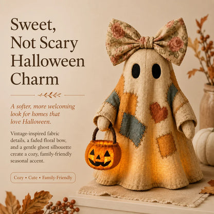 Vintage Patchwork Ghost Decor with Lighted LED Pumpkin Lantern