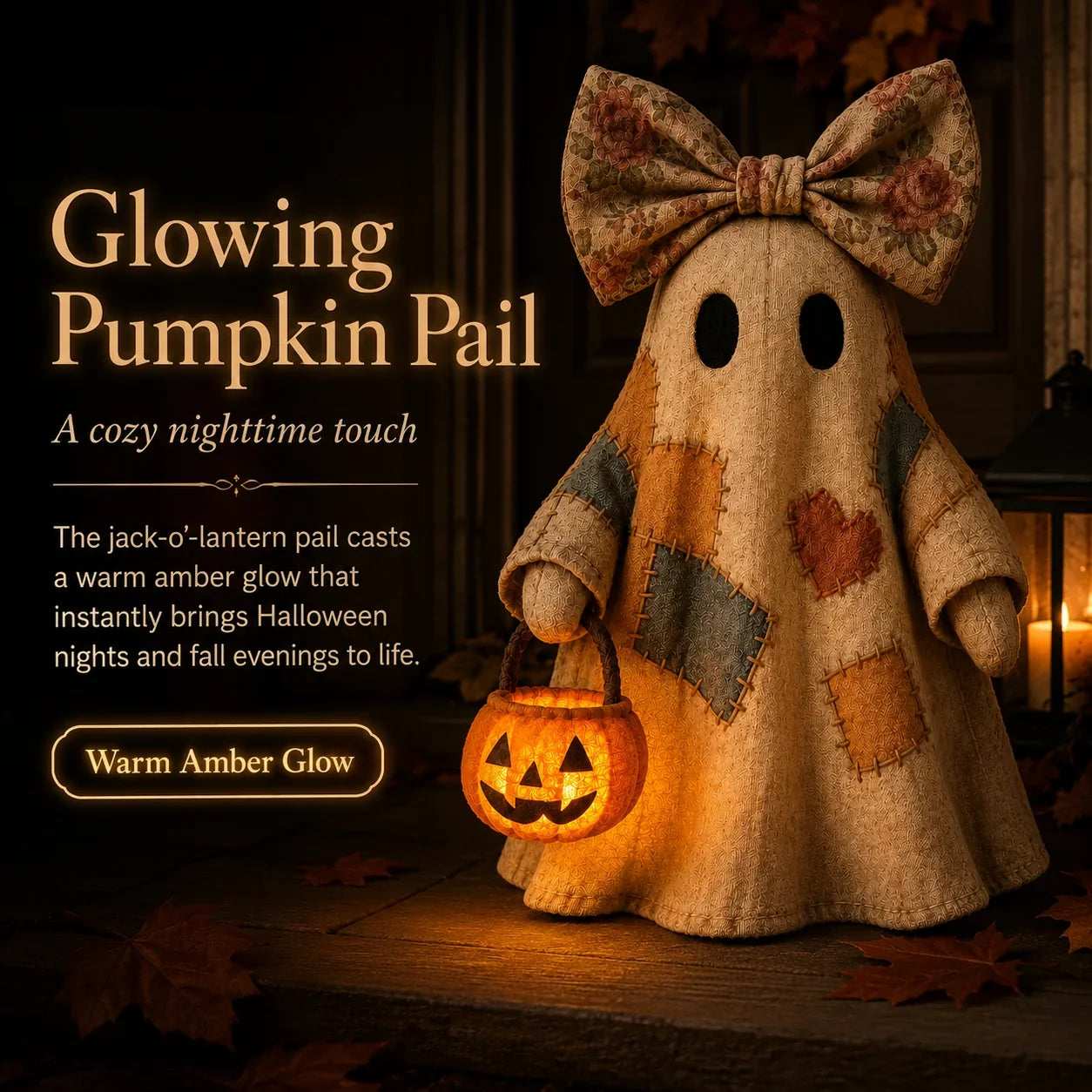 Vintage Patchwork Ghost Decor with Lighted LED Pumpkin Lantern