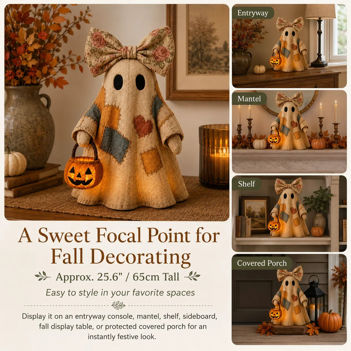 Vintage Patchwork Ghost Decor with Lighted LED Pumpkin Lantern