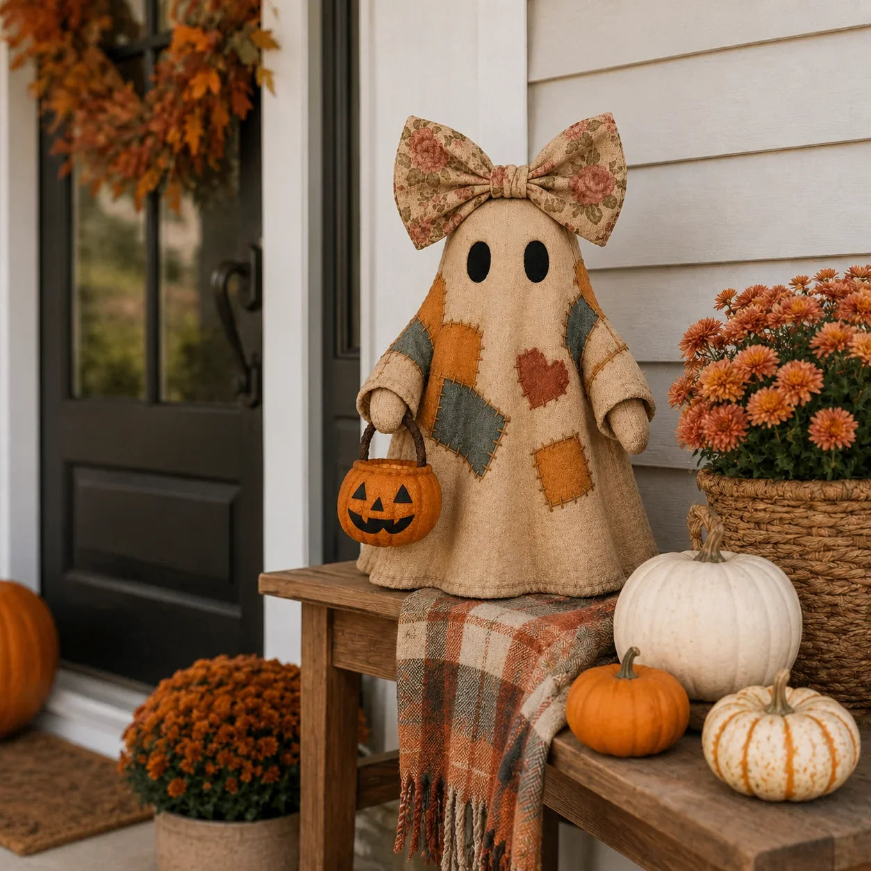 Vintage Patchwork Ghost Decor with Lighted LED Pumpkin Lantern