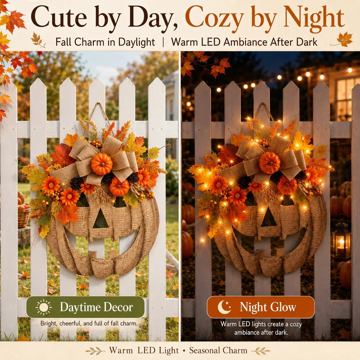 Decorative Lighted Burlap Pumpkin Wreath for Focused Lighting