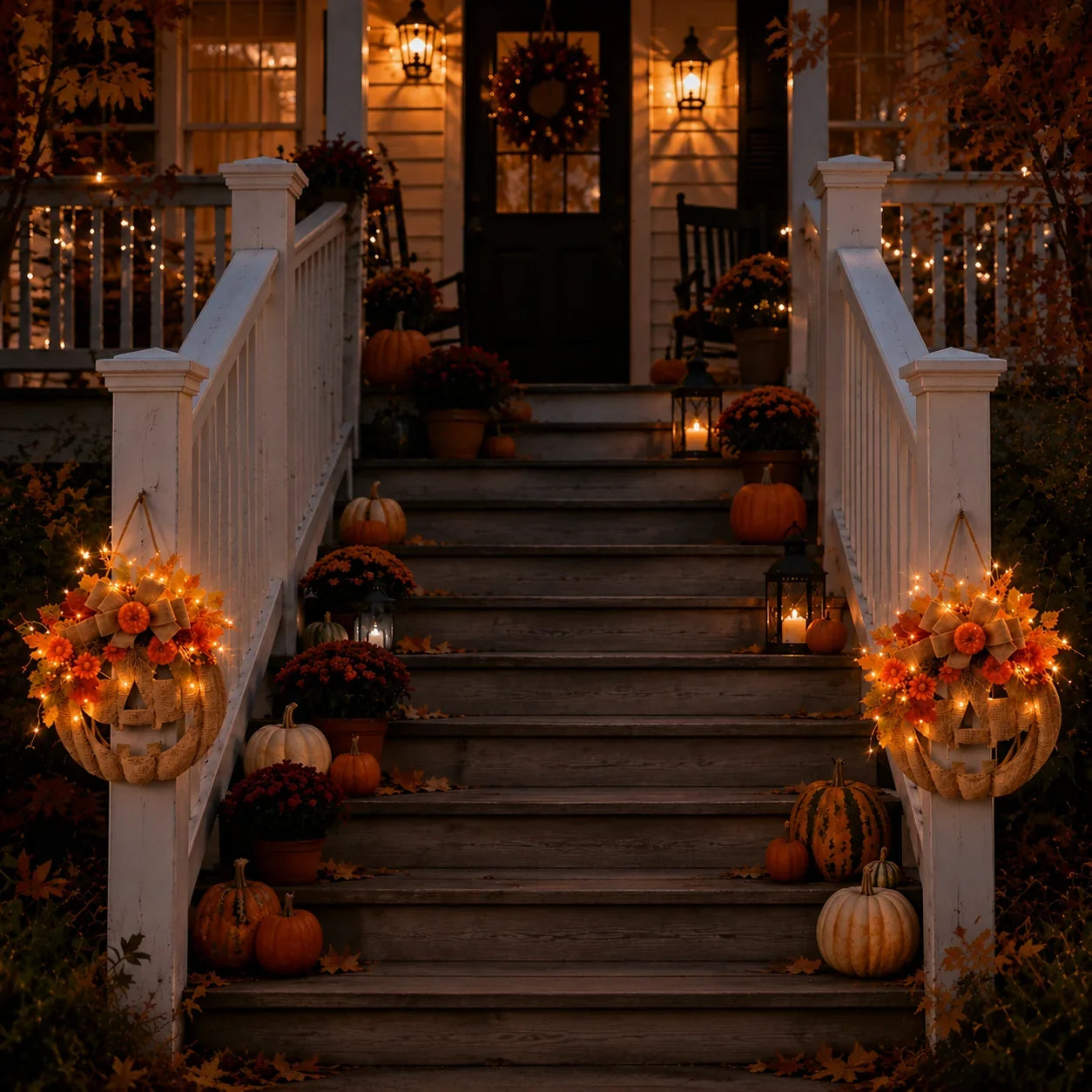 Decorative Lighted Burlap Pumpkin Wreath for Focused Lighting