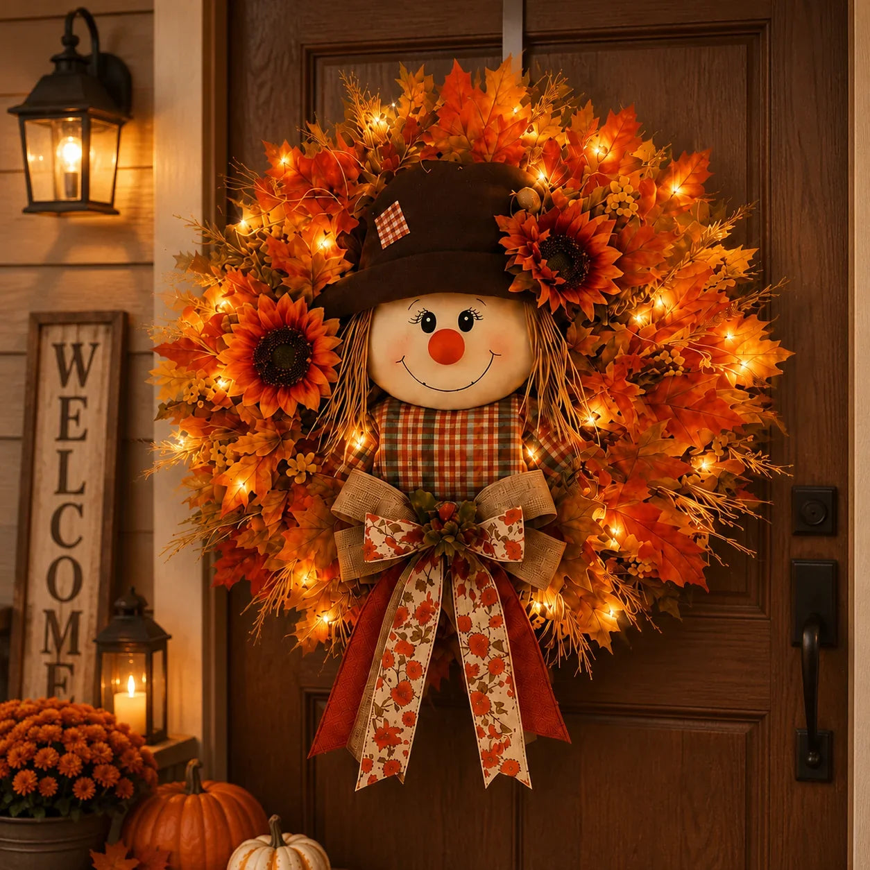 Illuminated Scarecrow Wreath for an Autumn Front Door