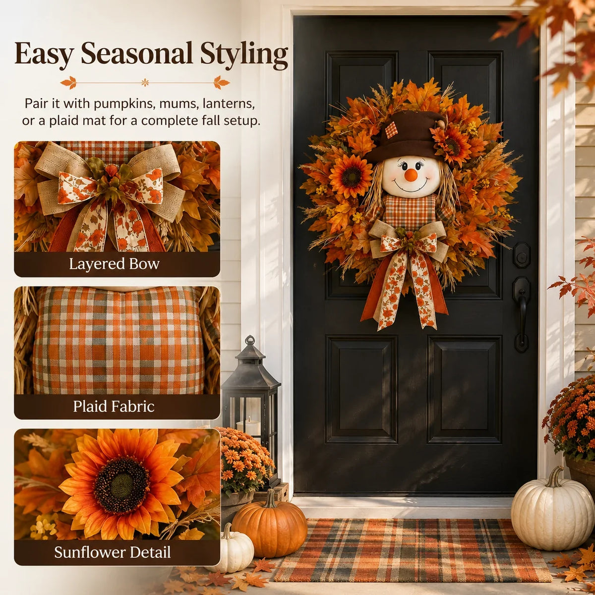 Illuminated Scarecrow Wreath for an Autumn Front Door