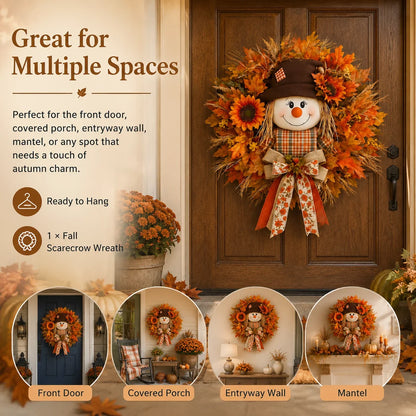 Illuminated Scarecrow Wreath for an Autumn Front Door